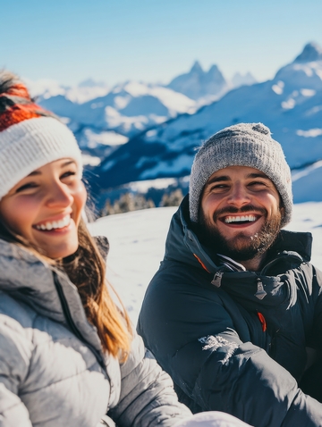 雪山背景下微笑的男女