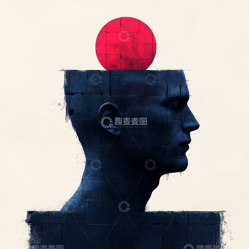 高清大图下载【趣麦麦图】雕塑人头与红色球体的组合艺术