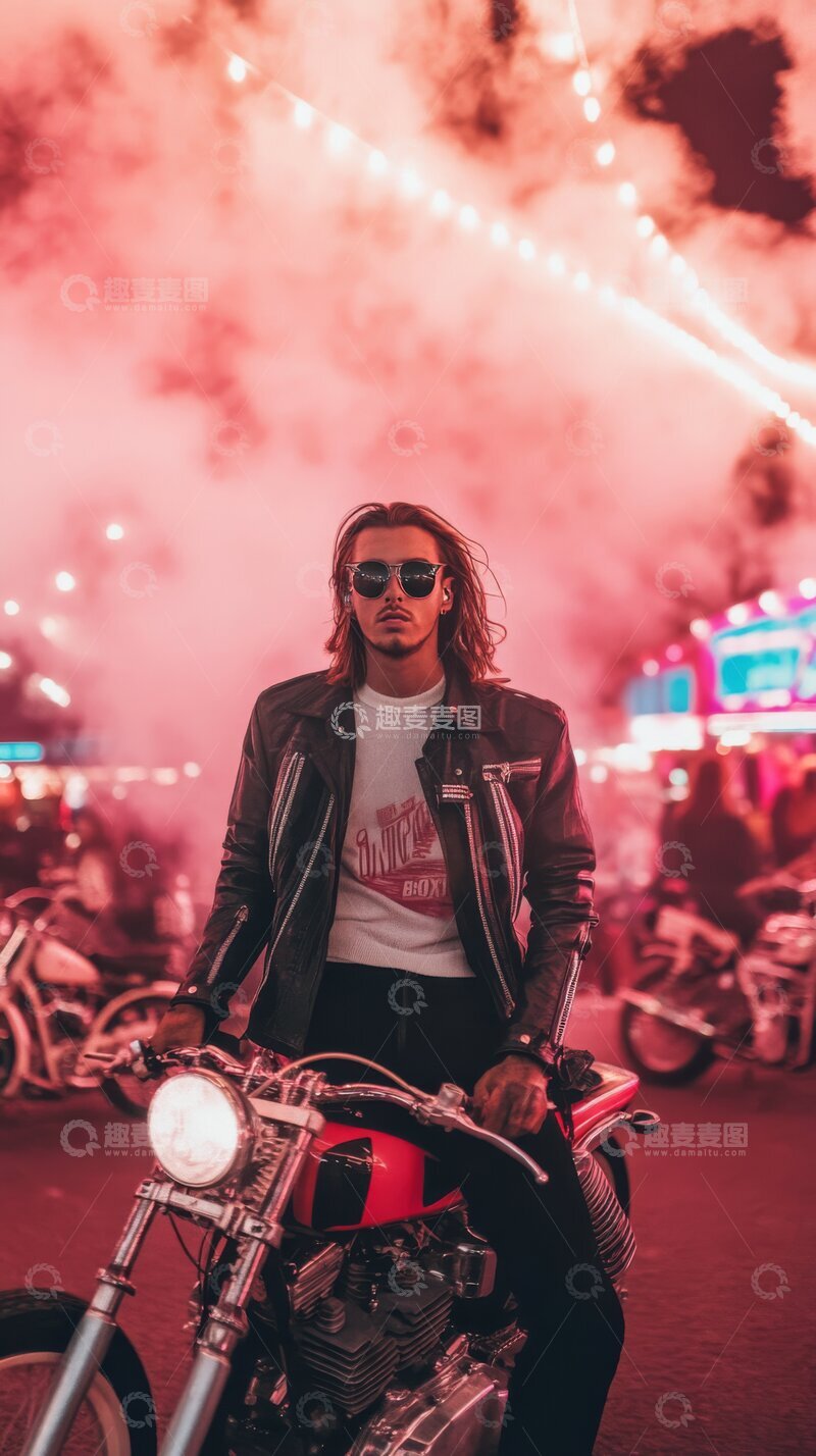 高清大图下载【趣麦麦图】夜市中骑摩托车的男子