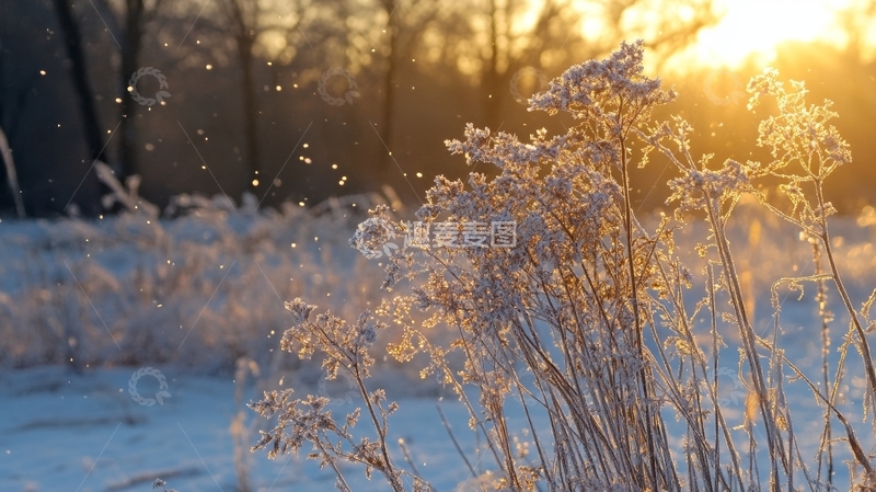 高清大图下载【趣麦麦图】冬日夕阳下的霜花草地