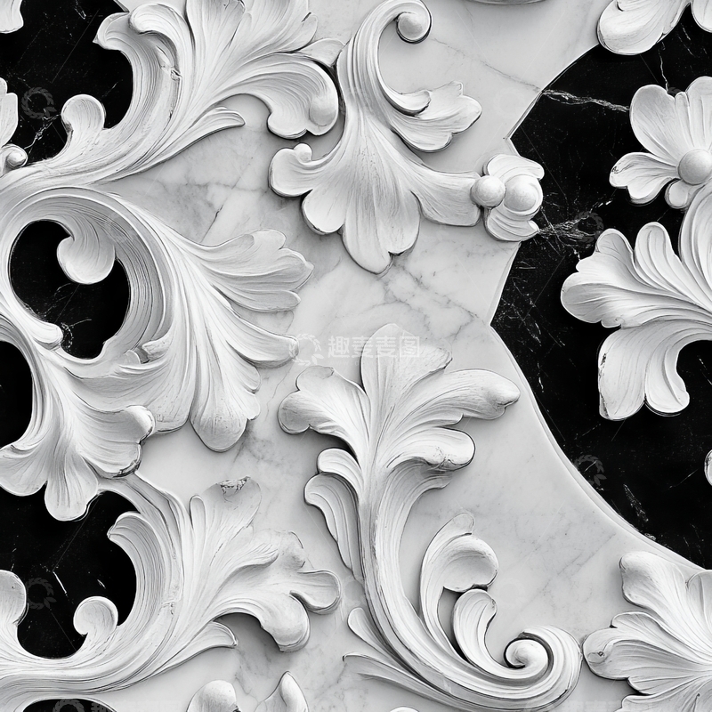 高清大图下载【趣麦麦图】黑白大理石上的精美浮雕花纹