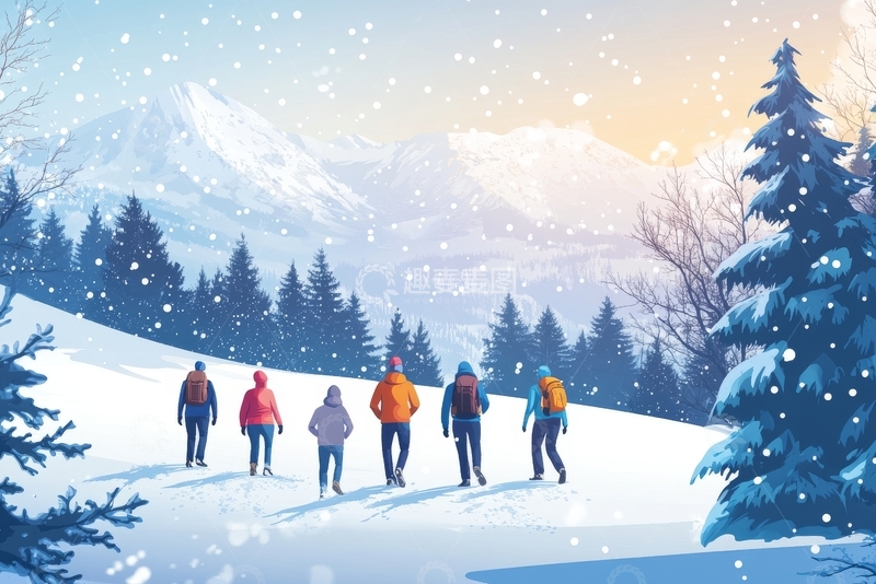 高清大图下载【趣麦麦图】冬日雪景中徒步的队伍