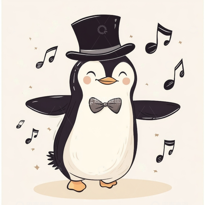 高清大图下载【趣麦麦图】戴礼帽的企鹅在音乐中跳舞
