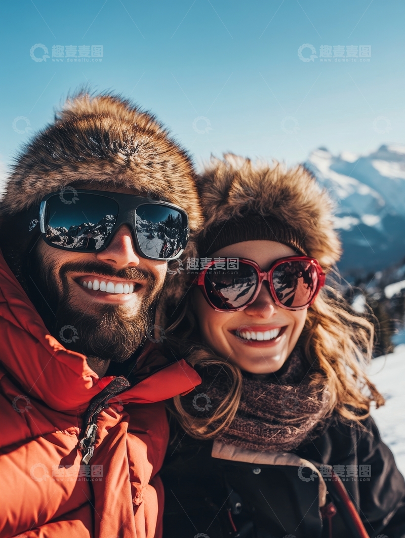 高清大图下载【趣麦麦图】雪地情侣自拍，笑容灿烂
