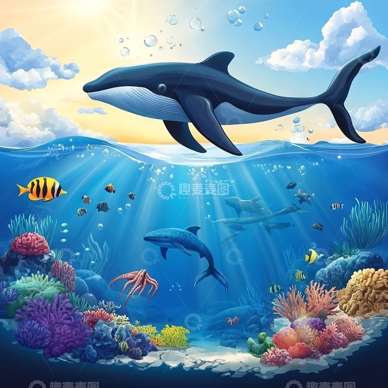 高清大图下载【趣麦麦图】海底世界：鲸鱼与珊瑚礁