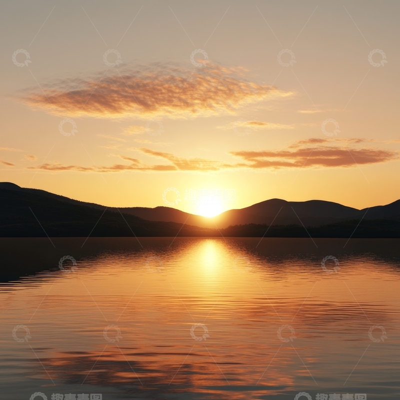 高清大图下载【趣麦麦图】湖面夕阳映照山峦