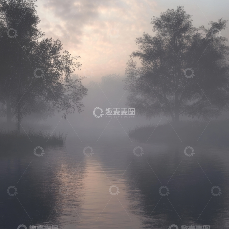 高清大图下载【趣麦麦图】晨雾笼罩的宁静河畔