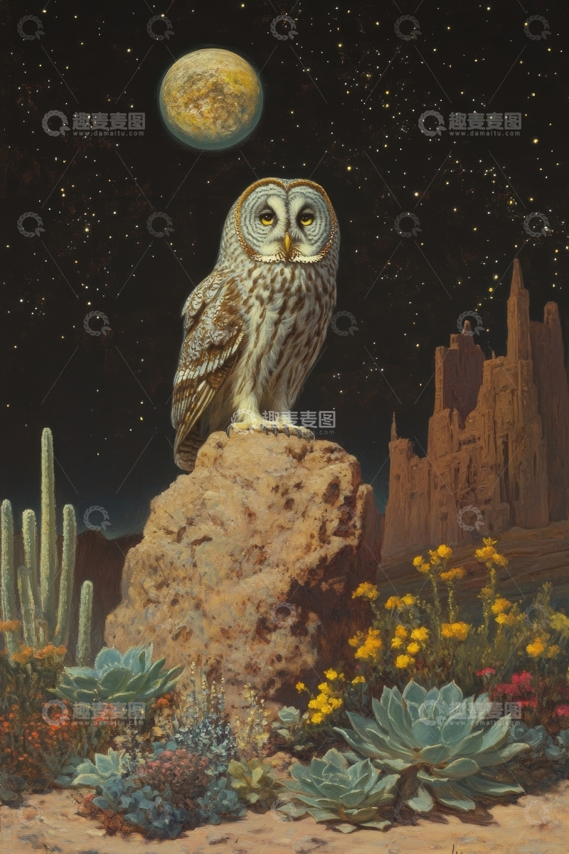 高清大图下载【趣麦麦图】夜空下的猫头鹰与仙人掌