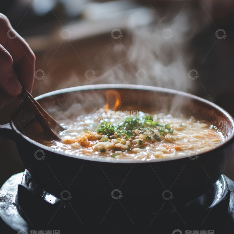 高清大图下载【趣麦麦图】热气腾腾的锅中煮着美味粥品