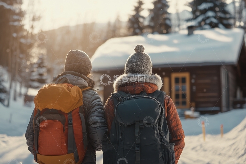 高清大图下载【趣麦麦图】冬日雪景中两人背对镜头望向木屋
