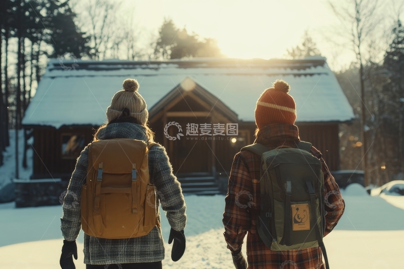 高清大图下载【趣麦麦图】冬日雪景中两人背着背包走向木屋
