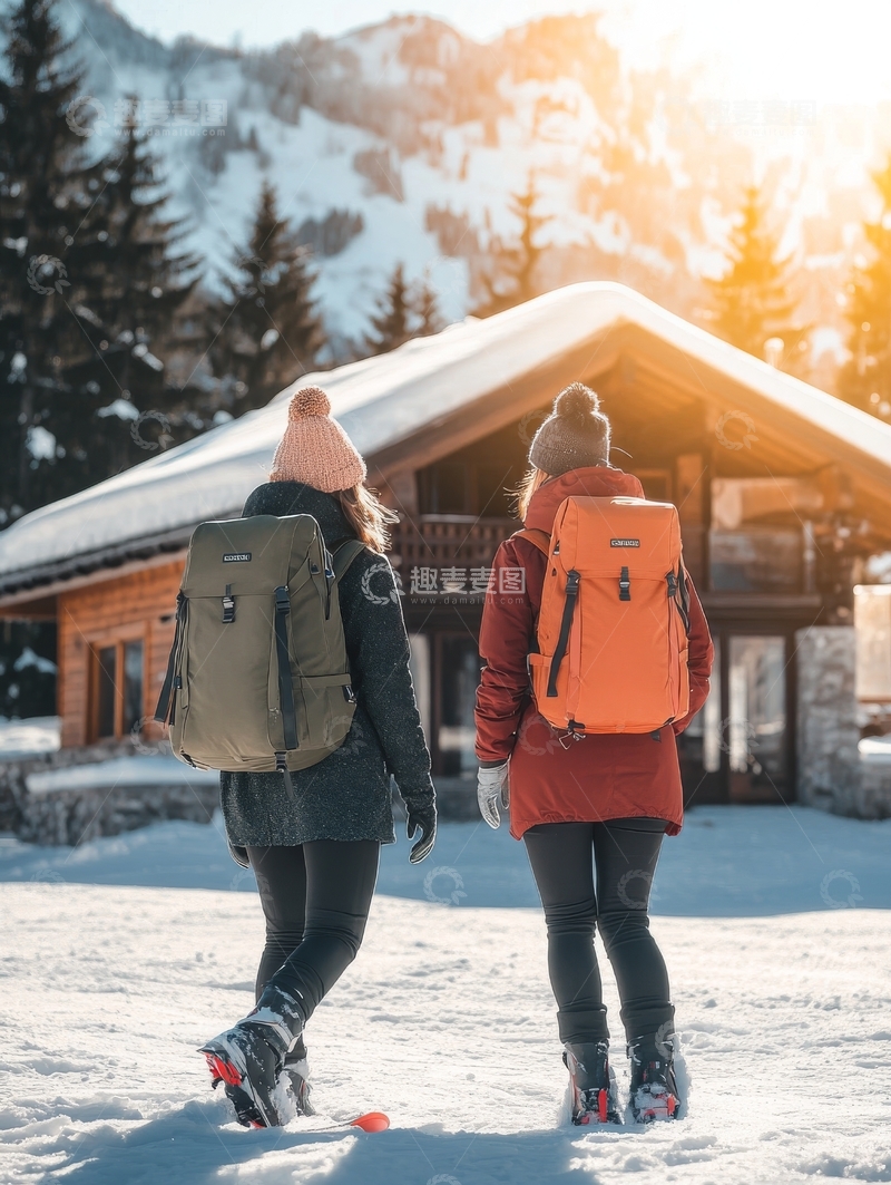 高清大图下载【趣麦麦图】雪地行走的两位背包客