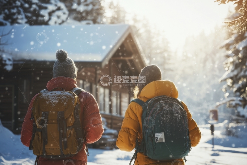 高清大图下载【趣麦麦图】雪中漫步：两人背着背包走向木屋