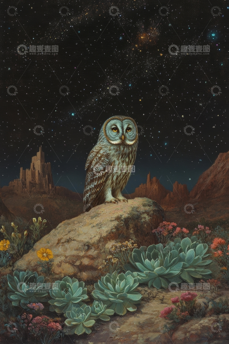 高清大图下载【趣麦麦图】夜空下的猫头鹰与多肉植物