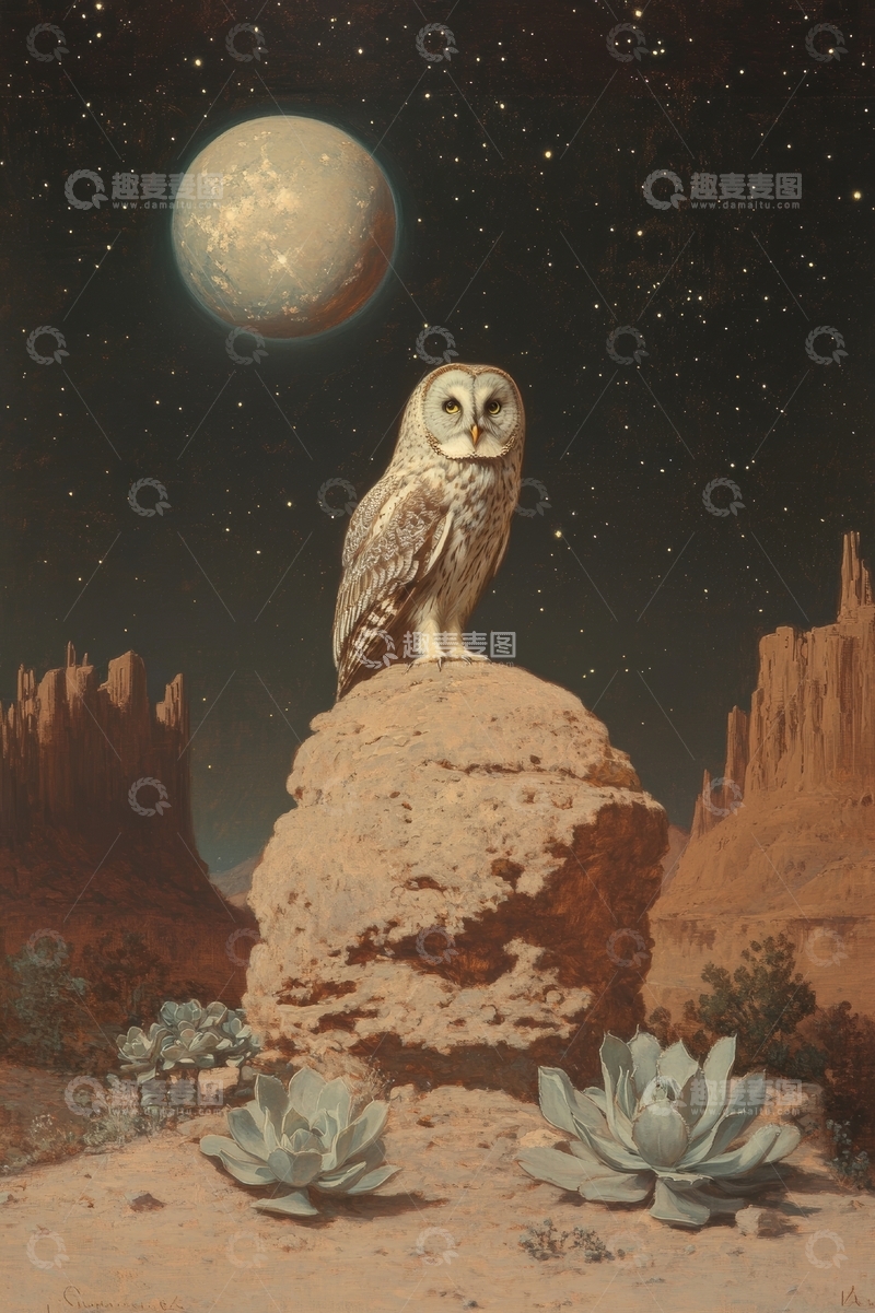 高清大图下载【趣麦麦图】夜空下的猫头鹰与岩石