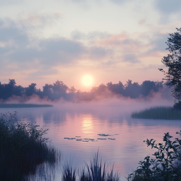 晨曦湖畔，雾气缭绕