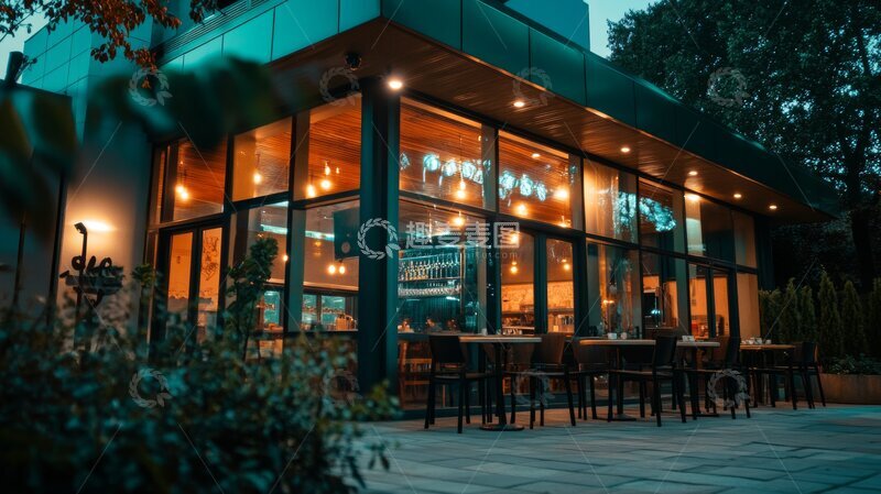 高清大图下载【趣麦麦图】夜晚的现代餐厅外观