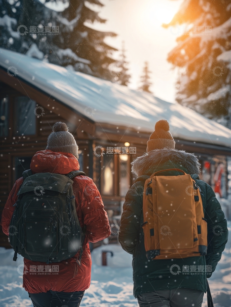 高清大图下载【趣麦麦图】冬日雪景中两人背对镜头行走