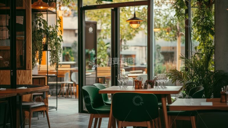高清大图下载【趣麦麦图】明亮餐厅内部，绿植环绕的用餐环境