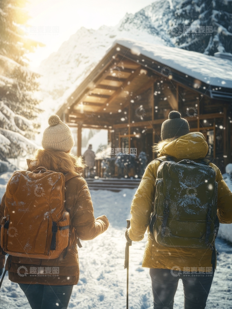 高清大图下载【趣麦麦图】雪中徒步者走向木屋