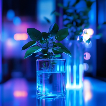 水培植物在霓虹灯光下的静谧场景