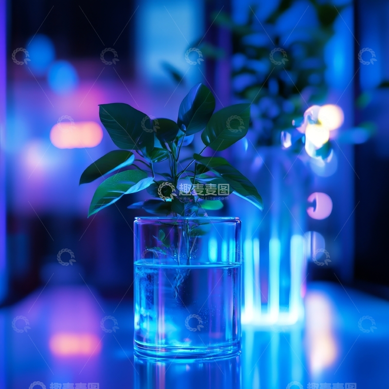 水培植物在霓虹灯光下的静谧场景