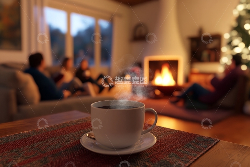 高清大图下载【趣麦麦图】温馨客厅，热饮与壁炉相伴
