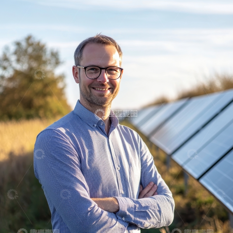 高清大图下载【趣麦麦图】男子站在太阳能板前微笑