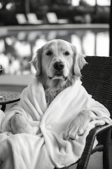穿着浴袍的金毛犬坐在椅子上