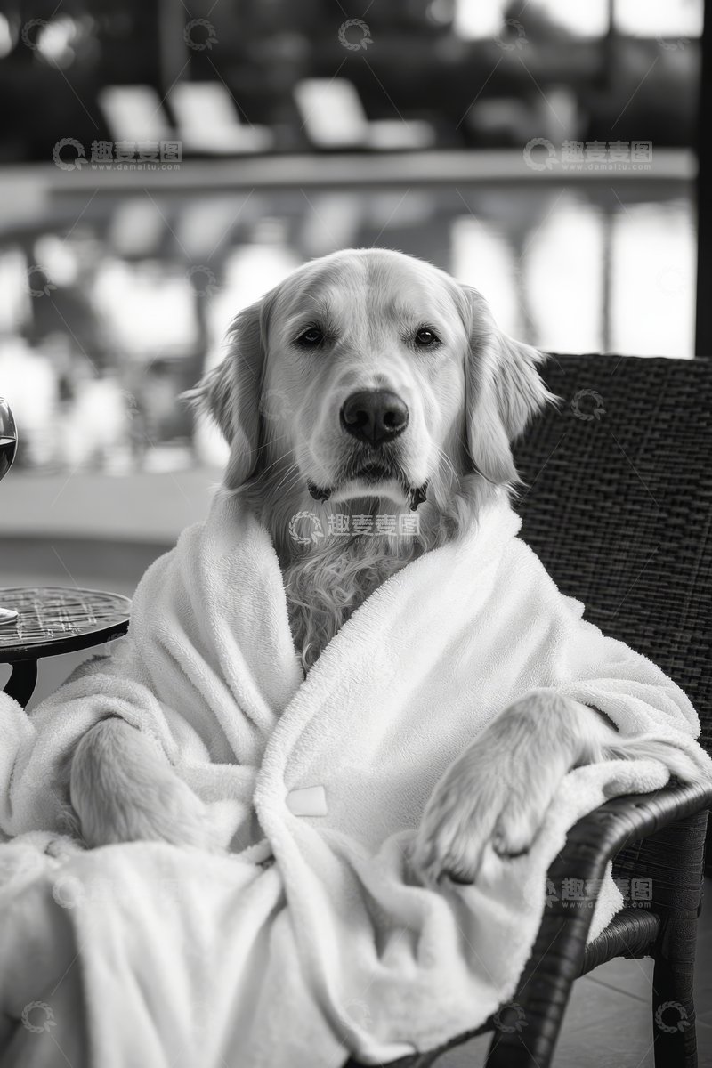 高清大图下载【趣麦麦图】穿着浴袍的金毛犬坐在椅子上