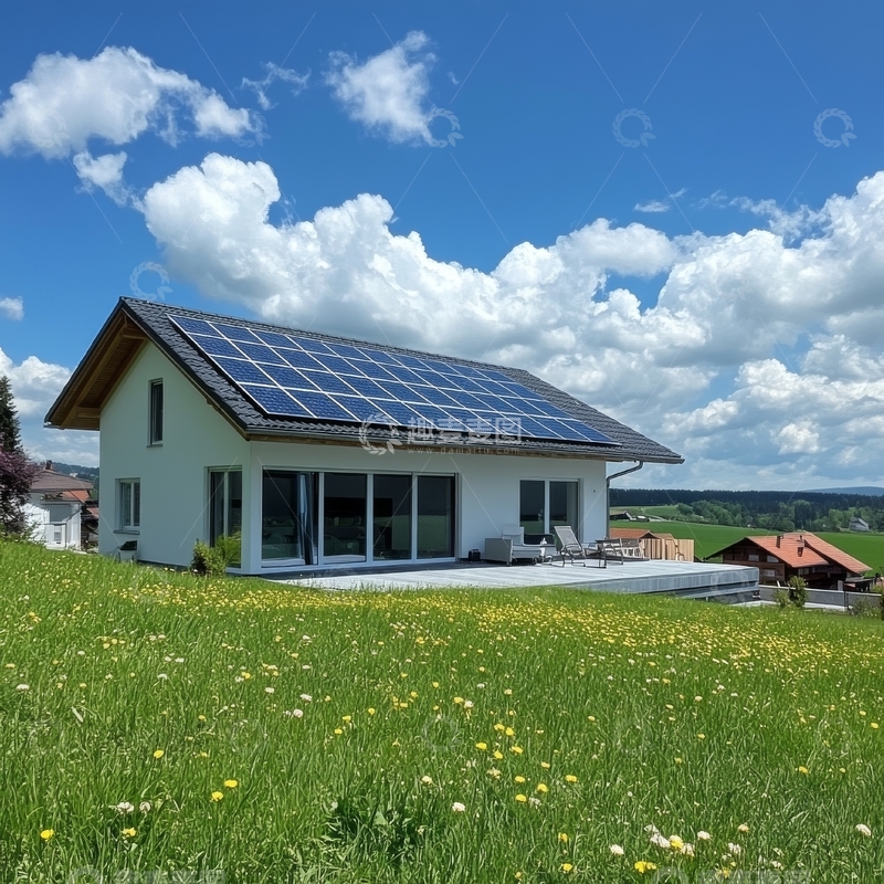 高清大图下载【趣麦麦图】现代住宅屋顶安装太阳能板