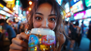 夜市中手持啤酒的女子