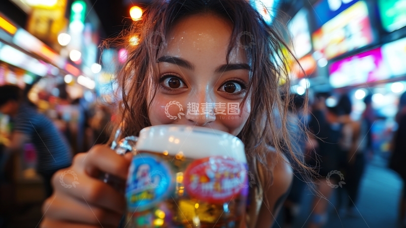 高清大图下载【趣麦麦图】夜市中手持啤酒的女子