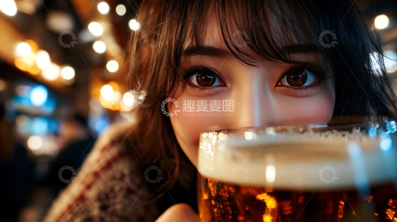 高清大图下载【趣麦麦图】女子手持啤酒杯，酒吧灯光闪烁