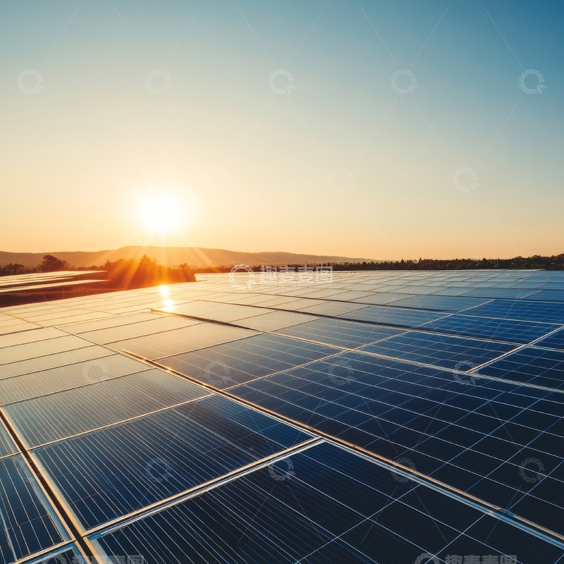 高清大图下载【趣麦麦图】日落时分的太阳能板阵列
