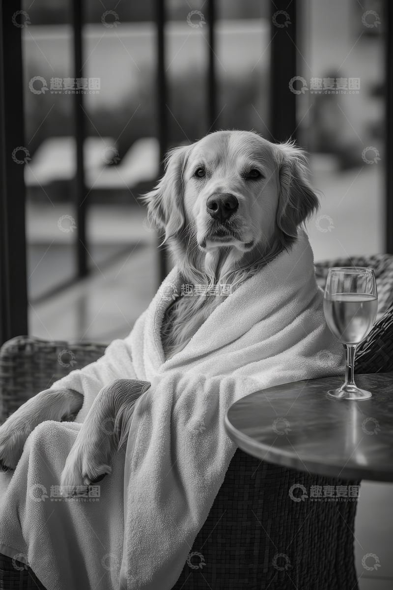 高清大图下载【趣麦麦图】裹着浴巾的狗狗坐在沙发上