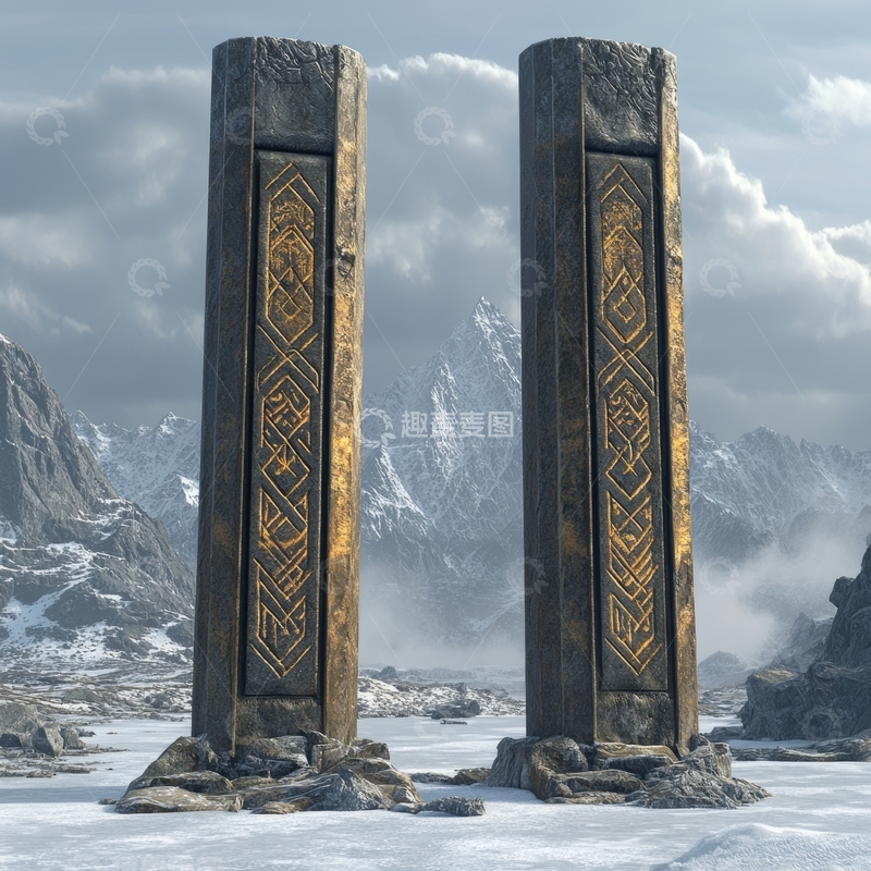 高清大图下载【趣麦麦图】雪山前的古老石柱