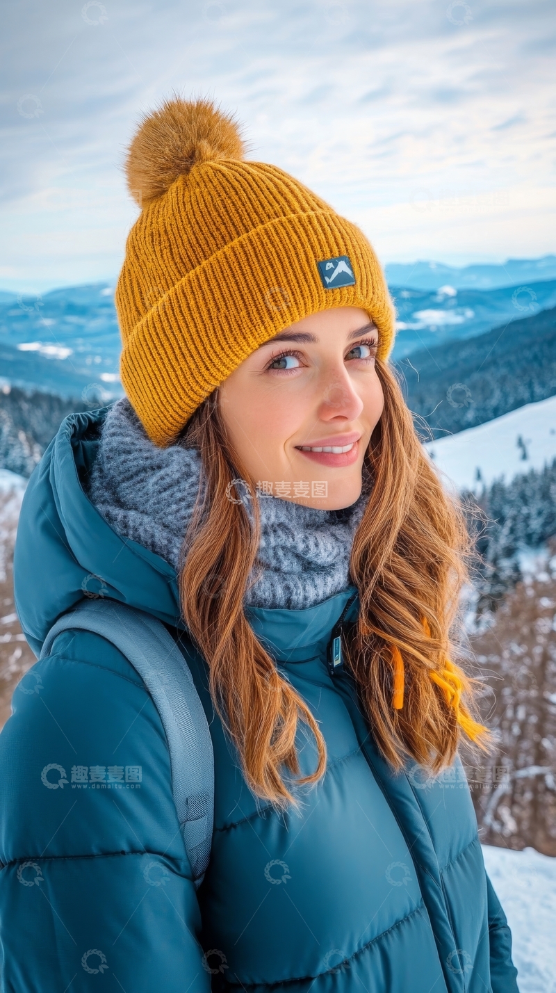 雪地中的女子，穿着保暖冬装