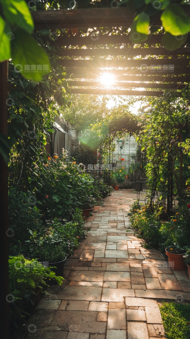 高清大图下载【趣麦麦图】阳光穿透藤蔓的花园小径