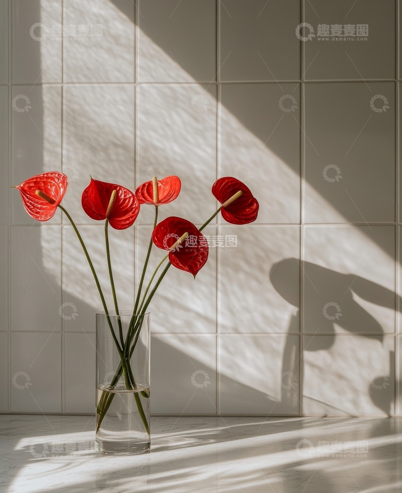 高清大图下载【趣麦麦图】阳光下的红色花朵与影子