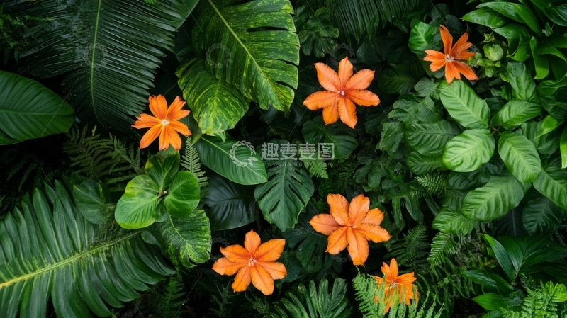 高清大图下载【趣麦麦图】热带植物与橙色花朵的自然景观