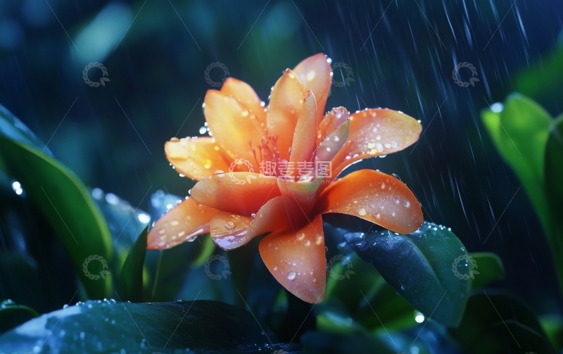 雨中绽放的橙色花朵