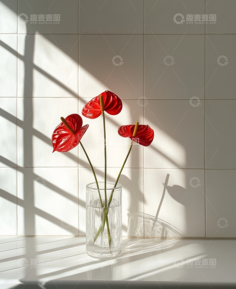 高清大图下载【趣麦麦图】窗边阳光下的红花