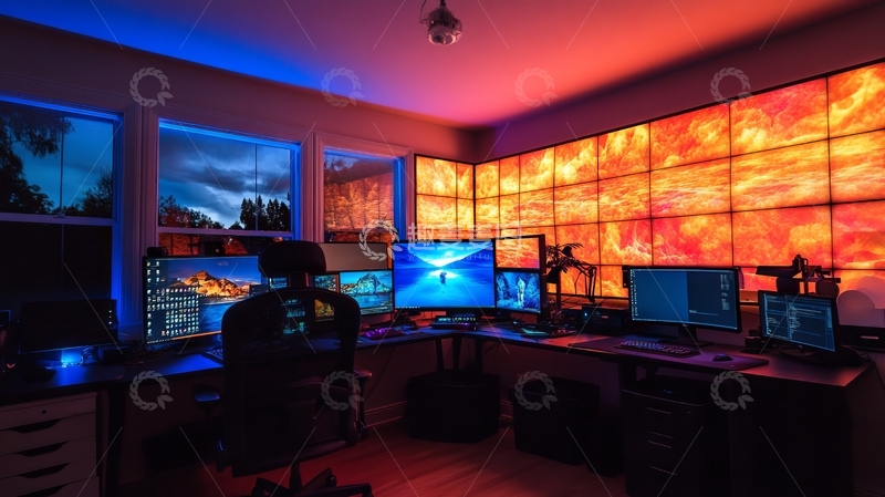 高清大图下载【趣麦麦图】多屏工作站，炫彩灯光环绕