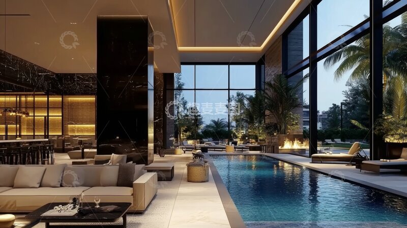 高清大图下载【趣麦麦图】现代豪华客厅与室内泳池