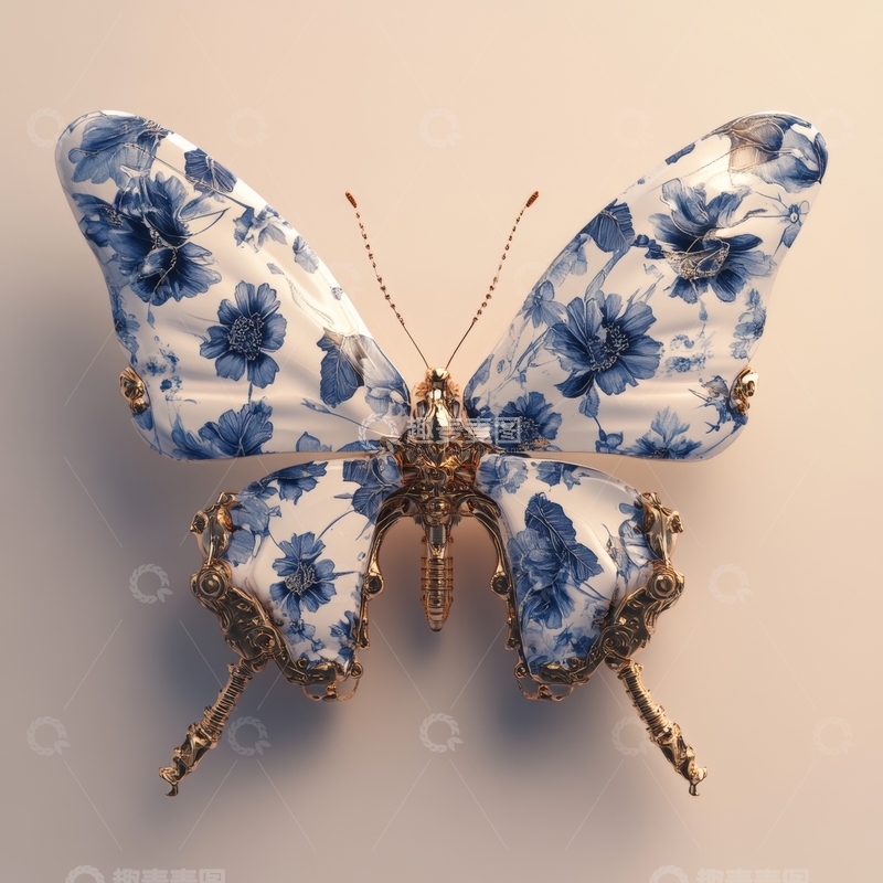 高清大图下载【趣麦麦图】青花瓷纹蝴蝶艺术雕塑