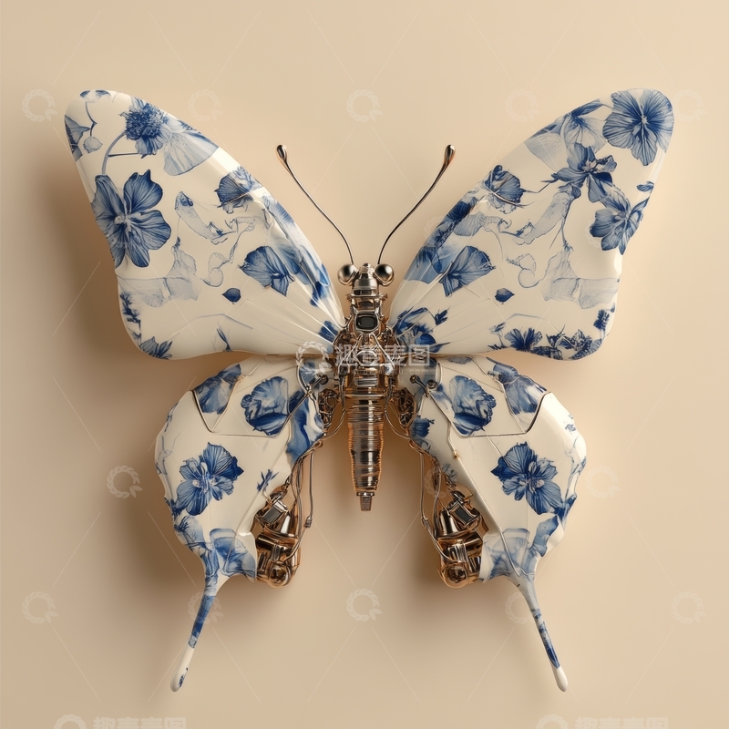 高清大图下载【趣麦麦图】蓝白花纹与金属结合的蝴蝶艺术装置