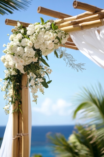 海边竹制花拱门婚礼场景