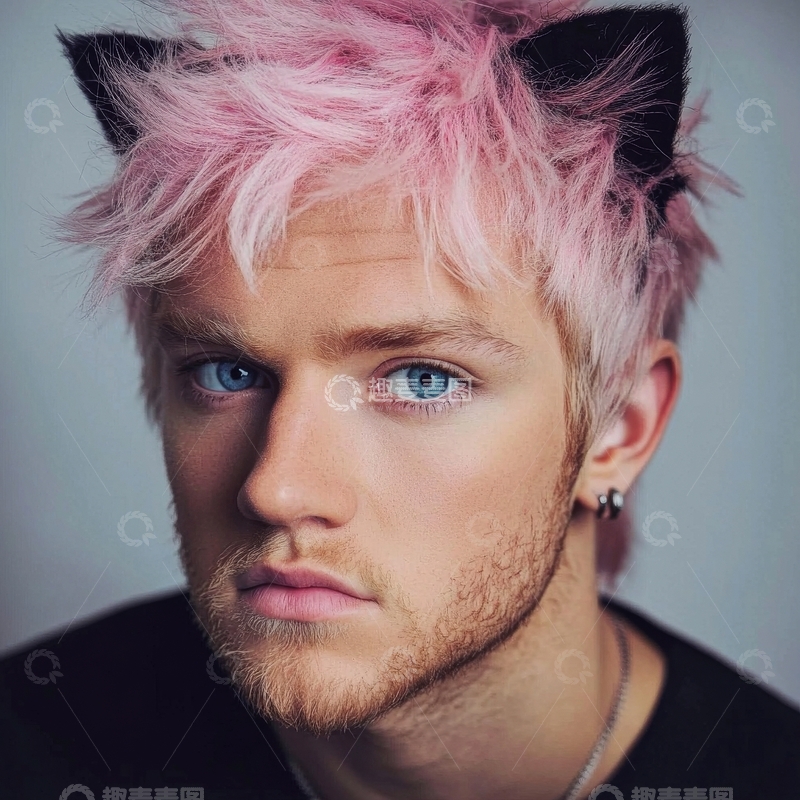高清大图下载【趣麦麦图】粉色猫耳发型的年轻男子