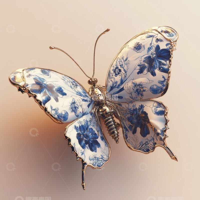 高清大图下载【趣麦麦图】青花瓷纹蝴蝶艺术雕塑
